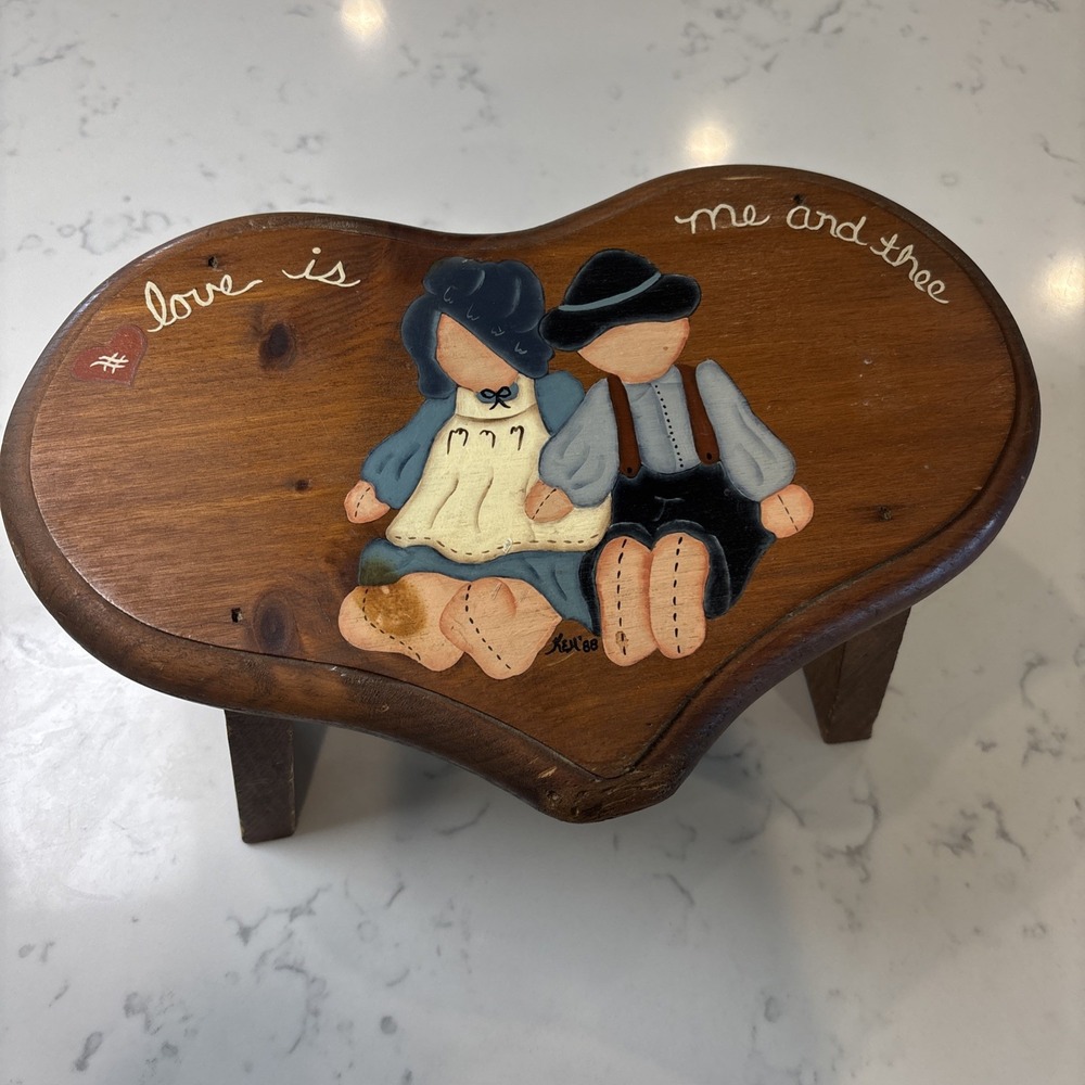 VTG Cottagecore Wood Heart-Shaped Footstool, Painted Doll 1988 Love Is Me & Thee